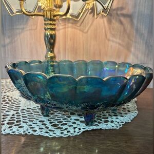 Vintage Indiana Carnival Iridescent Blue Grape Pattern Glass Footed Bowl